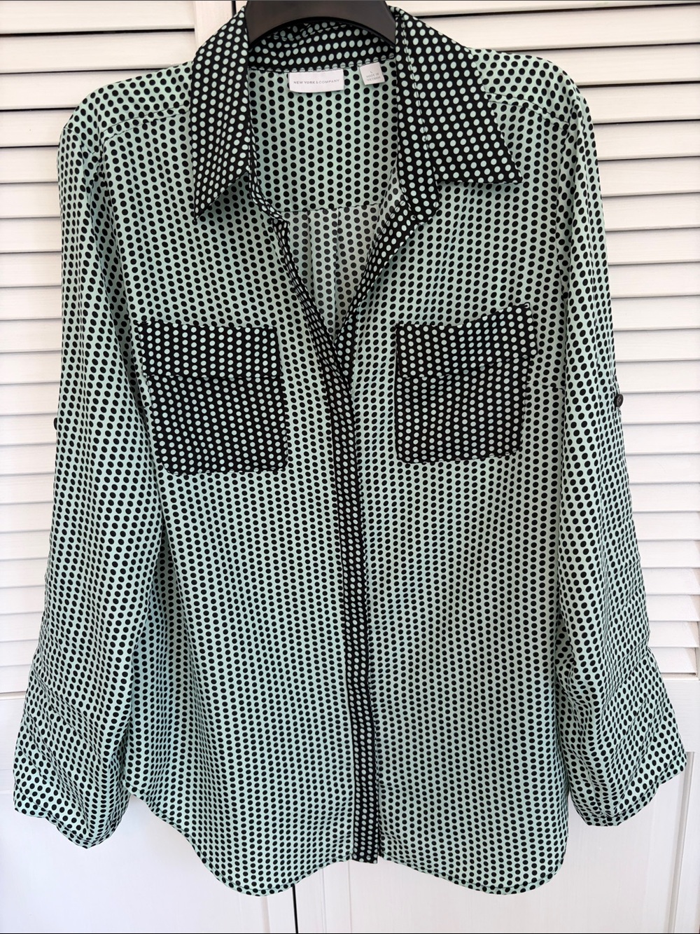 New York & Company Women's Lg Blouse Sheer Button Up Mint Green Black Polk Dot